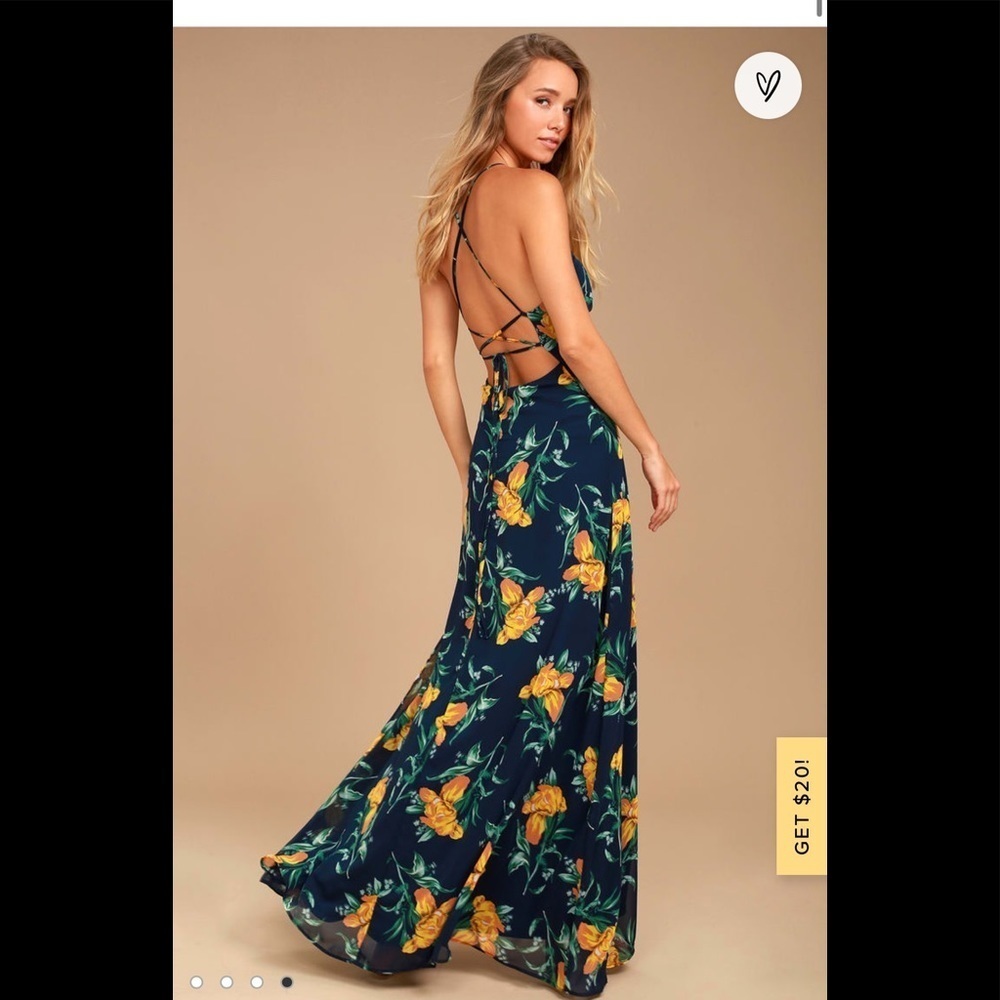 NEW Lulus Adventure Seeker Navy Blue and YellowFloral Print Maxi Dress size XS
